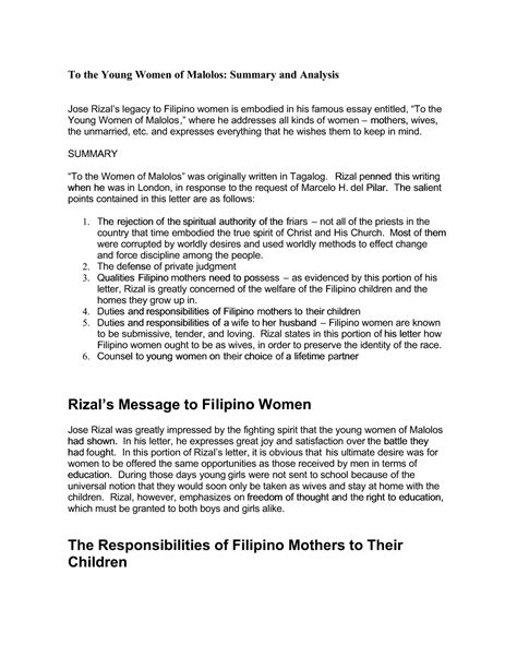 letter to the woman in malolos tagalog summary|To the Young Women of Malolos: Summary and .